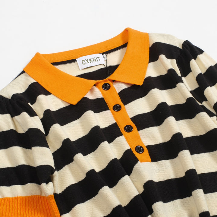 Women's black vintage striped bubble sleeve knitted orange polo