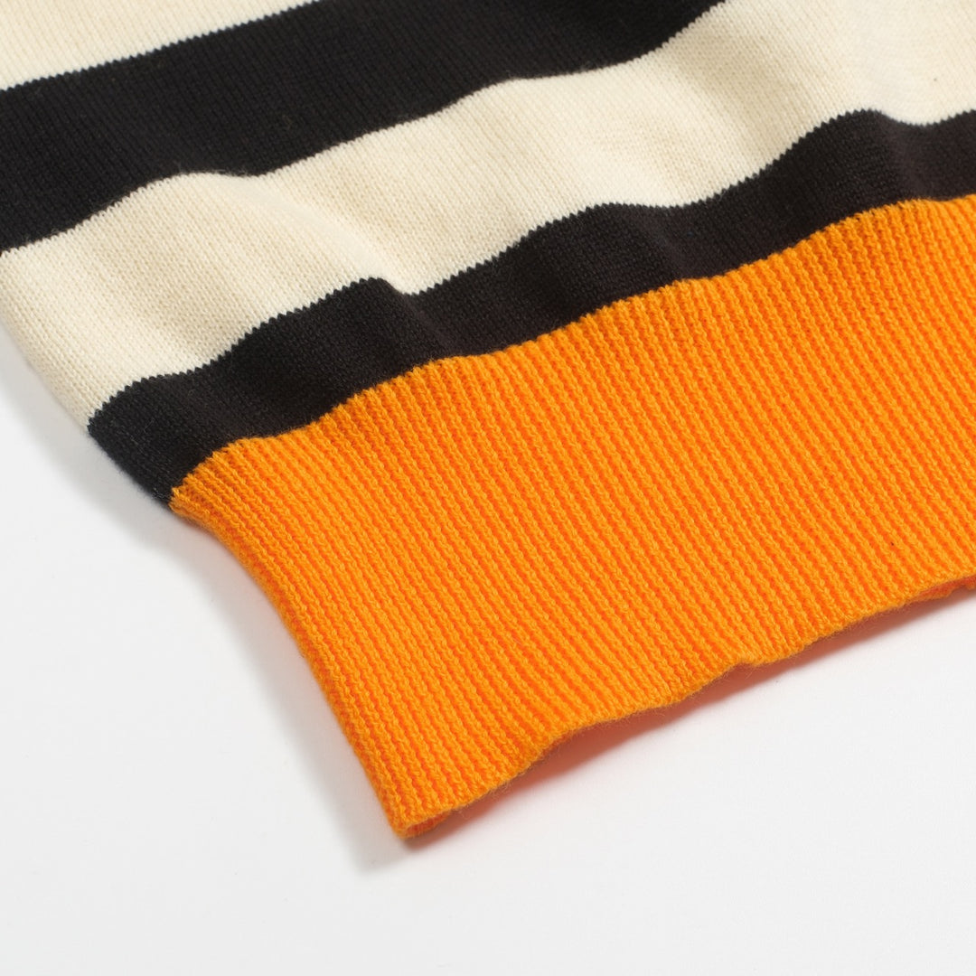 Women's black vintage striped bubble sleeve knitted orange polo