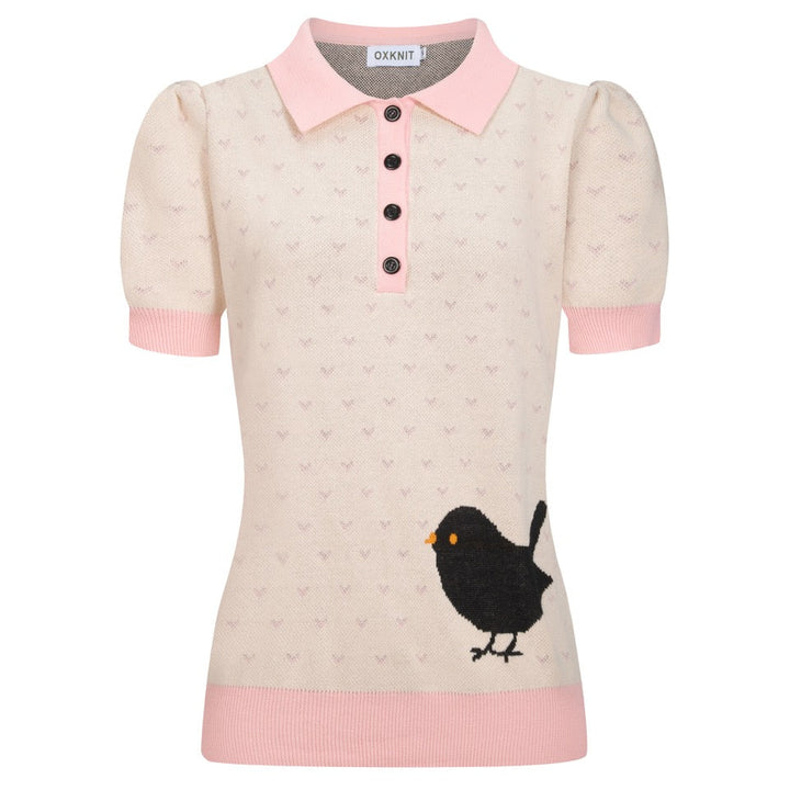 Stickad piképiké med puffärm för kvinnor med prickiga fåglar