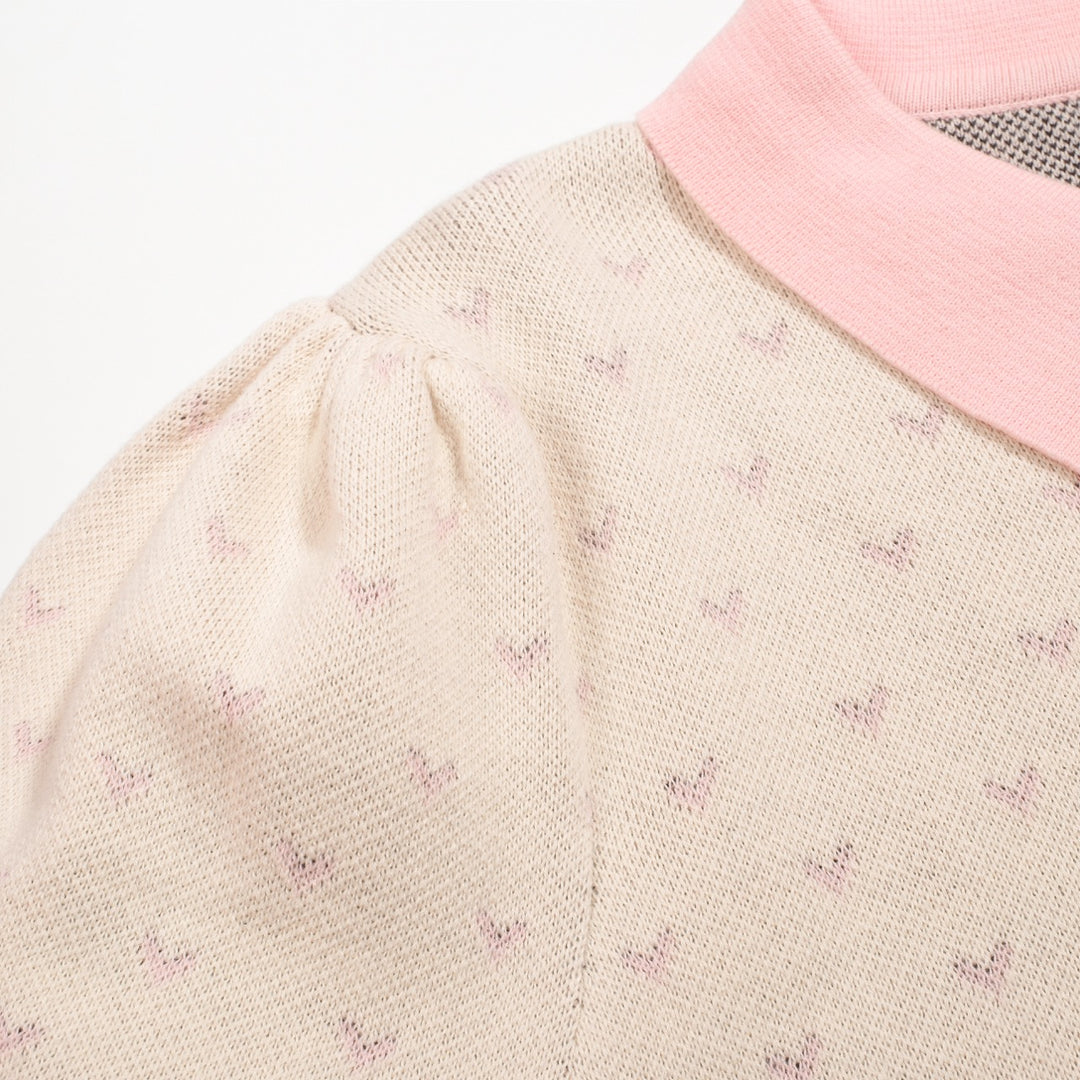 Stickad piképiké med puffärm för kvinnor med prickiga fåglar