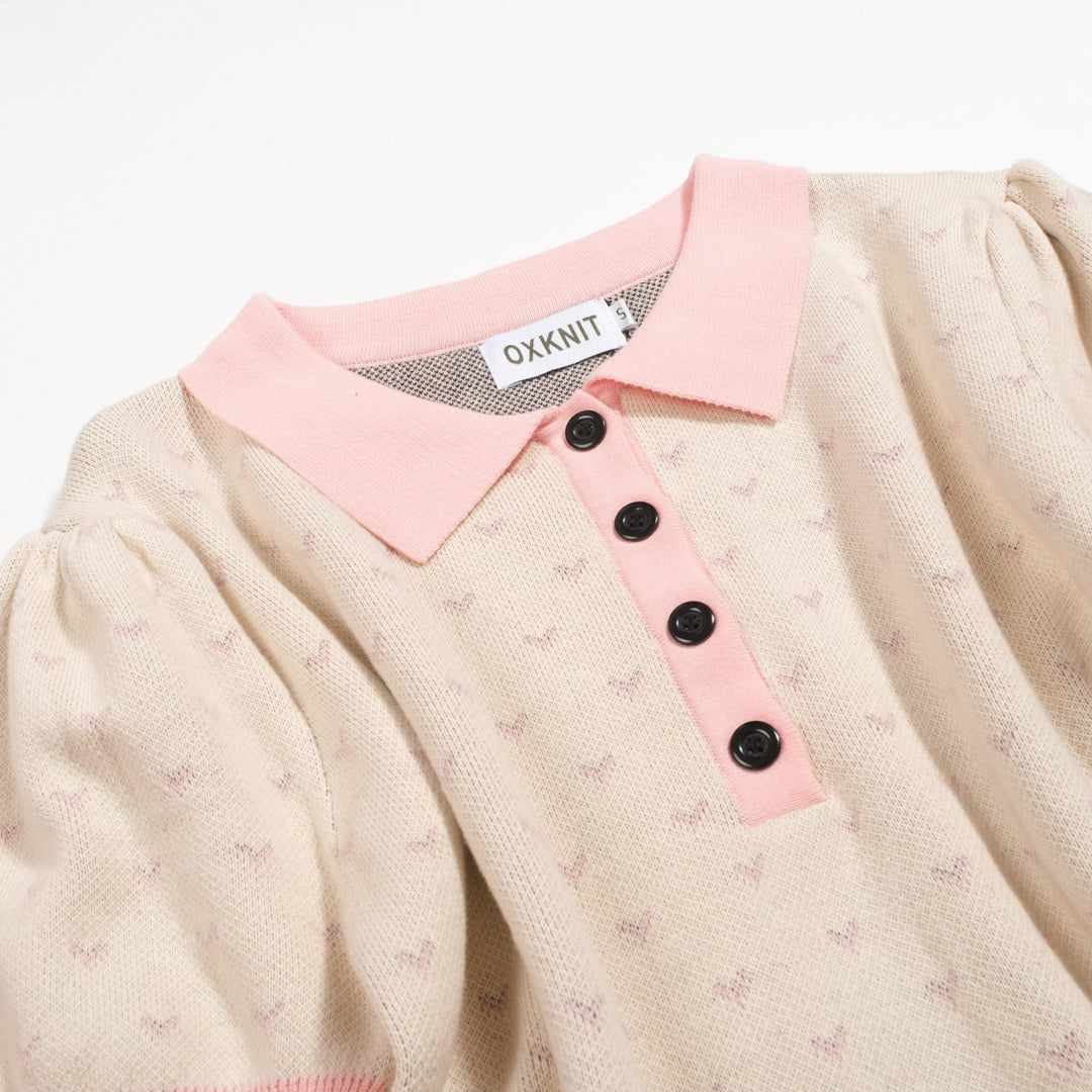 Stickad piképiké med puffärm för kvinnor med prickiga fåglar