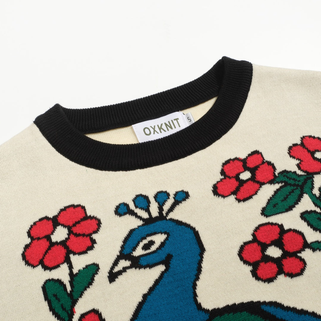 Women's vintage white peacock jacquard knitwear