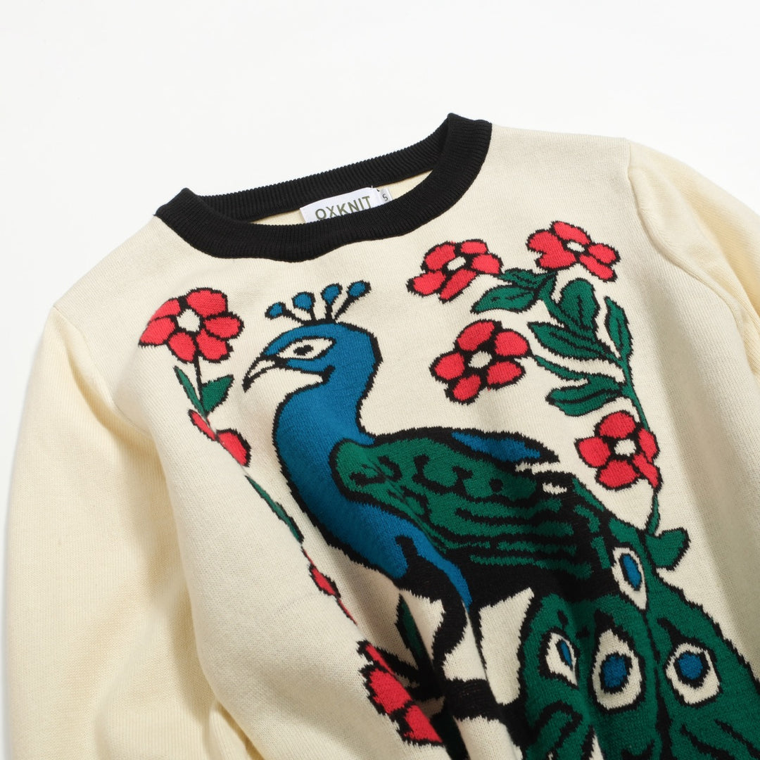 Women's vintage white peacock jacquard knitwear