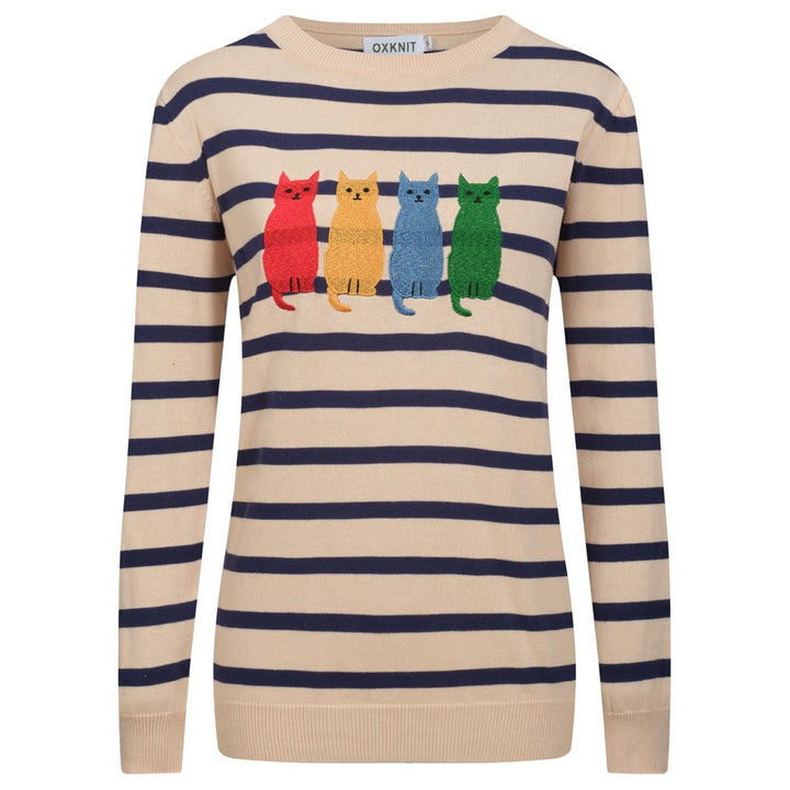 Women's striped vintage embroidered cat knitwear