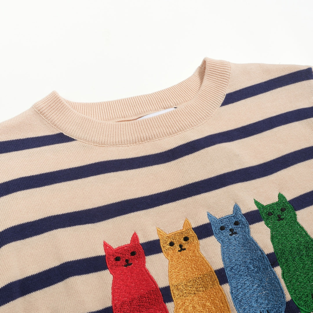 Women's striped vintage embroidered cat knitwear