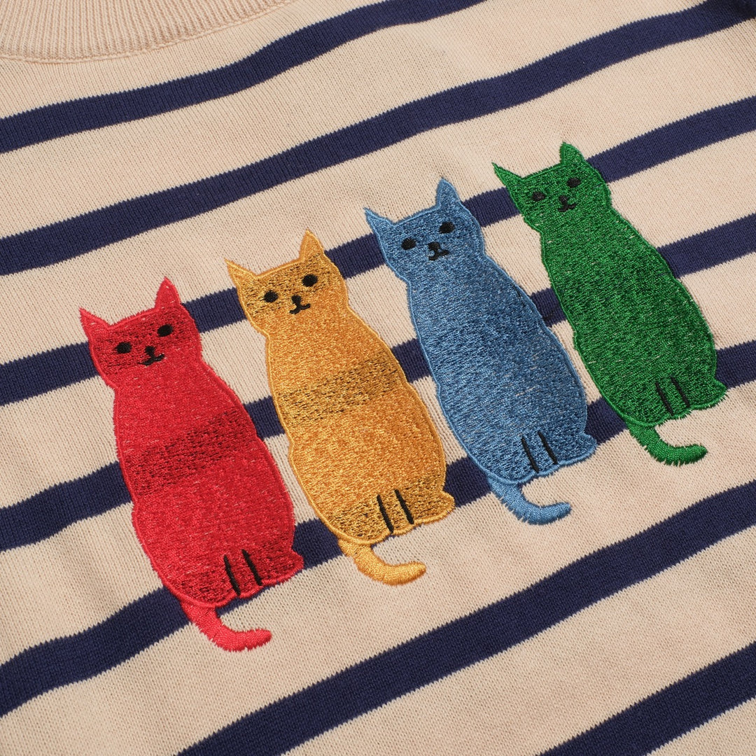 Women's striped vintage embroidered cat knitwear