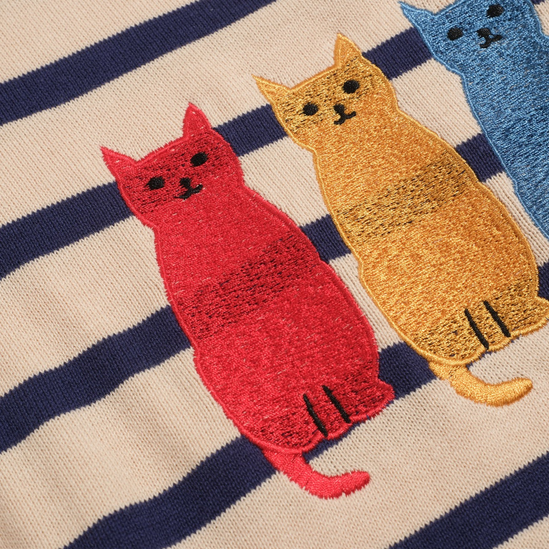 Women's striped vintage embroidered cat knitwear