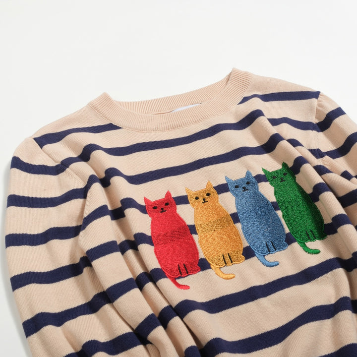 Women's striped vintage embroidered cat knitwear