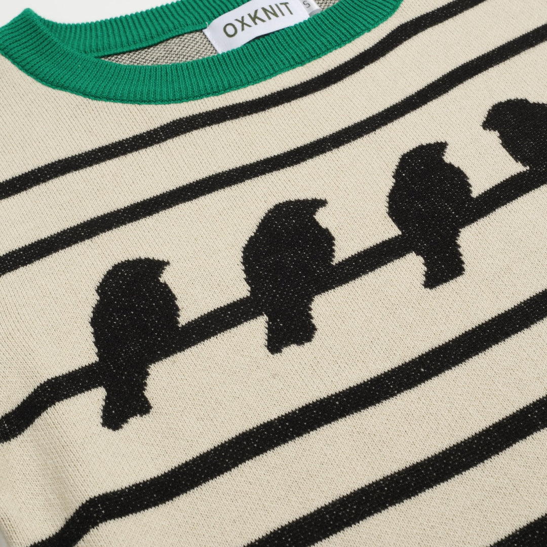 Women's striped bird jacquard vintage knitwear