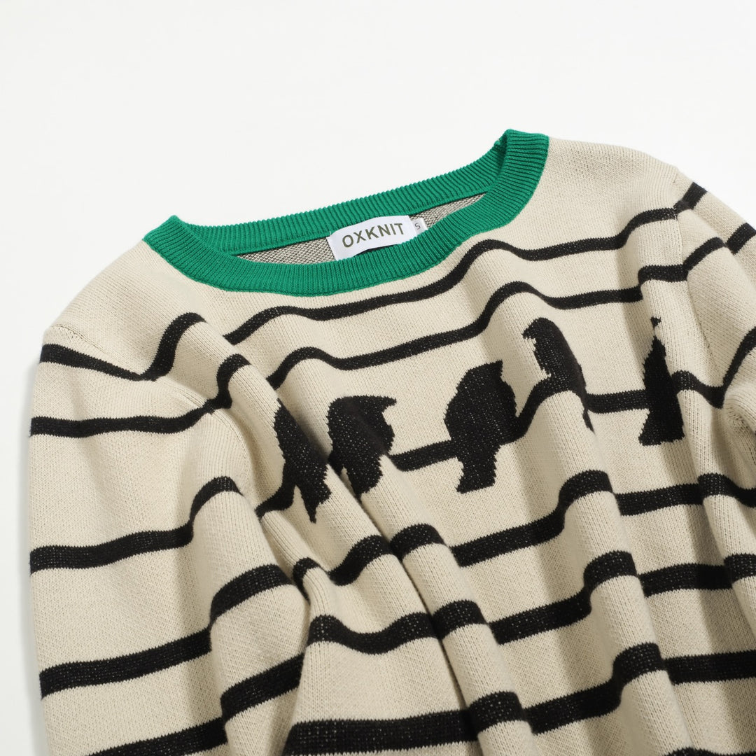 Women's striped bird jacquard vintage knitwear