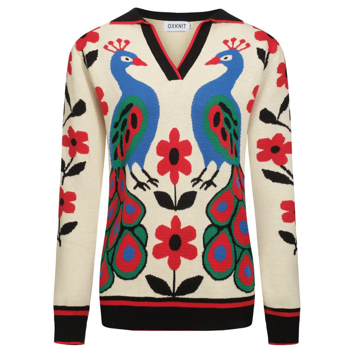 Polo de mujer con cuello de pico en punto jacquard art color albaricoque