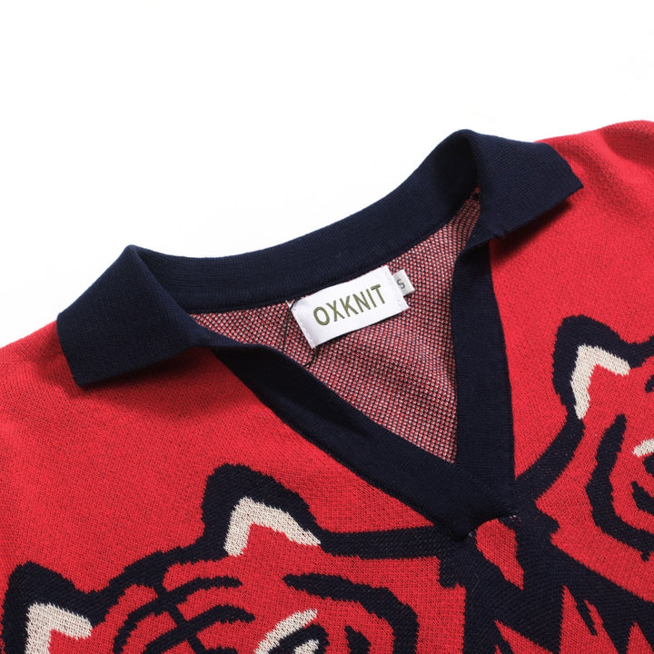 Dampikétröja med V-ringad röd jacquardstickad konst