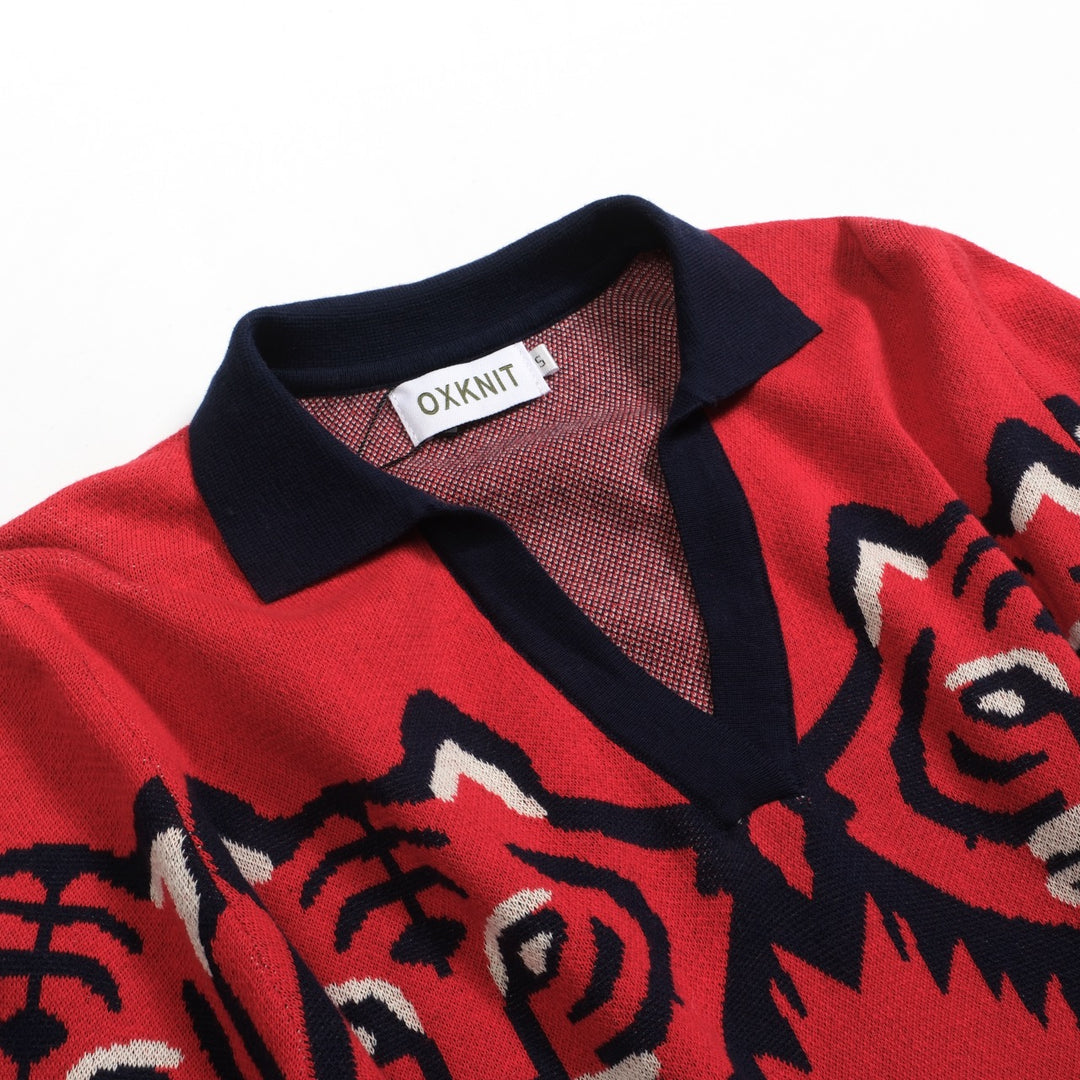 Dampikétröja med V-ringad röd jacquardstickad konst