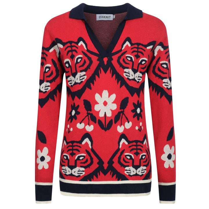 Dampikétröja med V-ringad röd jacquardstickad konst