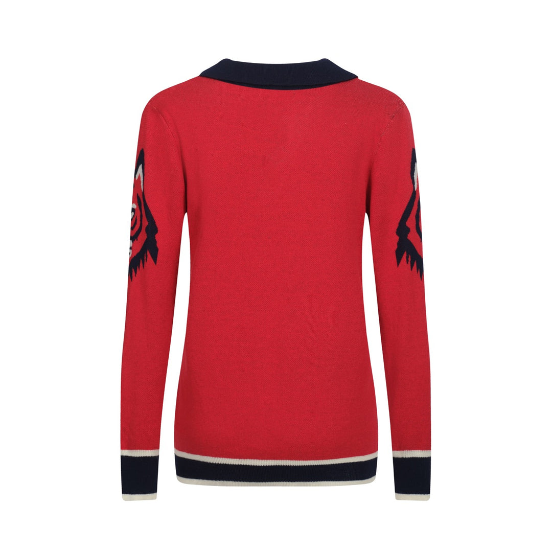 Dampikétröja med V-ringad röd jacquardstickad konst