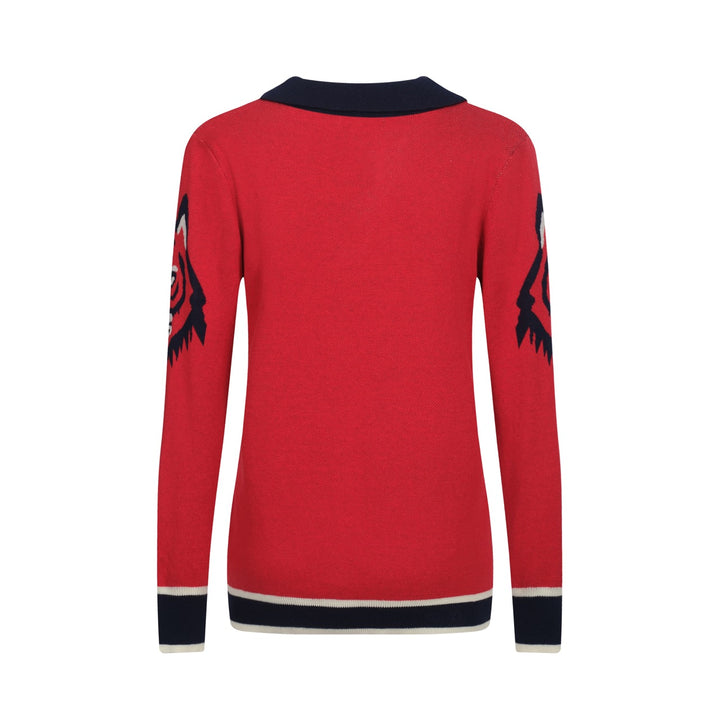 Dampikétröja med V-ringad röd jacquardstickad konst