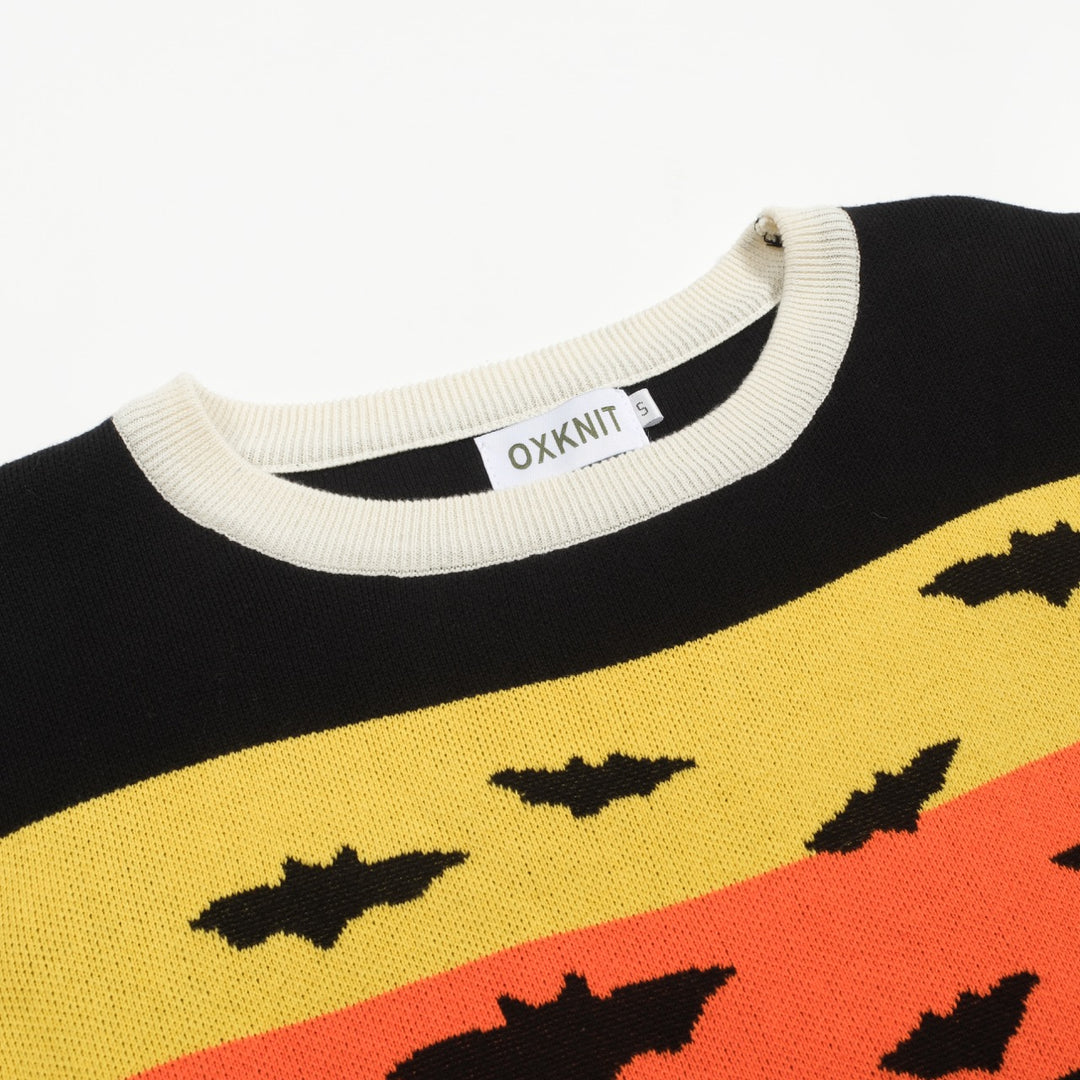 Jersey de punto jacquard con murciélago de Halloween negro para mujer