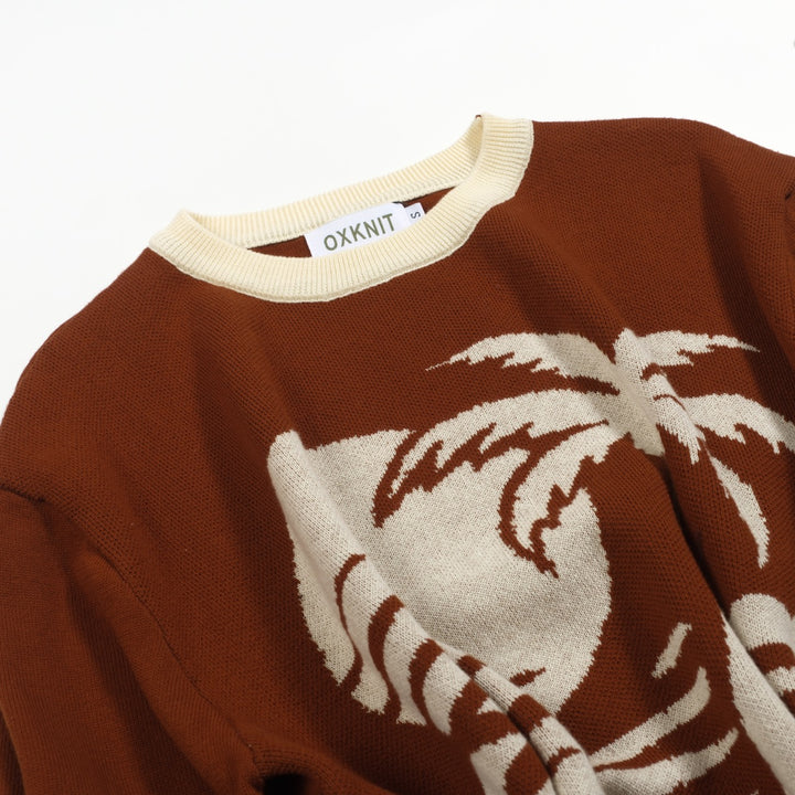 Men's brown coconut jacquard vintage casual knitwear