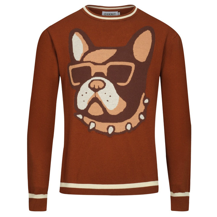 Men's brown French bulldog jacquard vintage knitwear