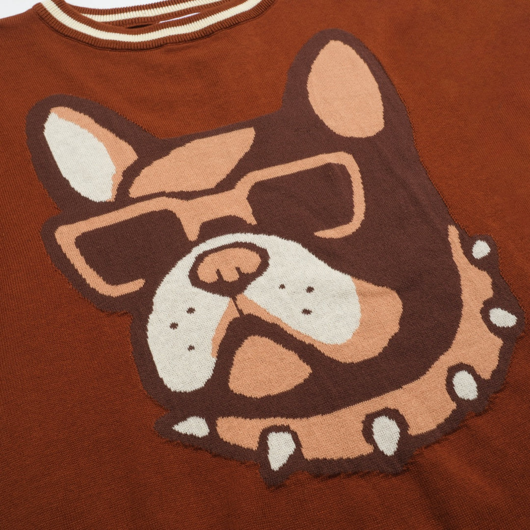 Men's brown French bulldog jacquard vintage knitwear