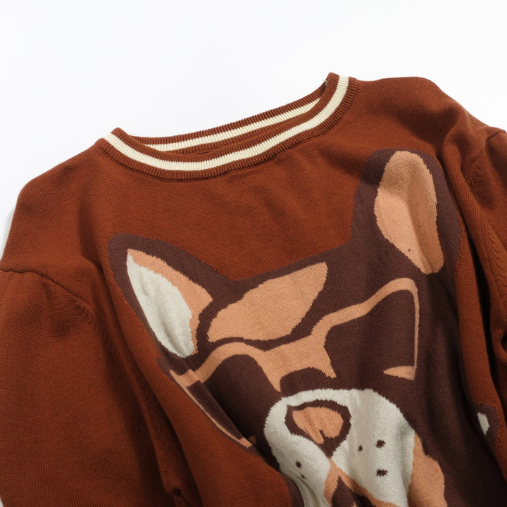 Men's brown French bulldog jacquard vintage knitwear