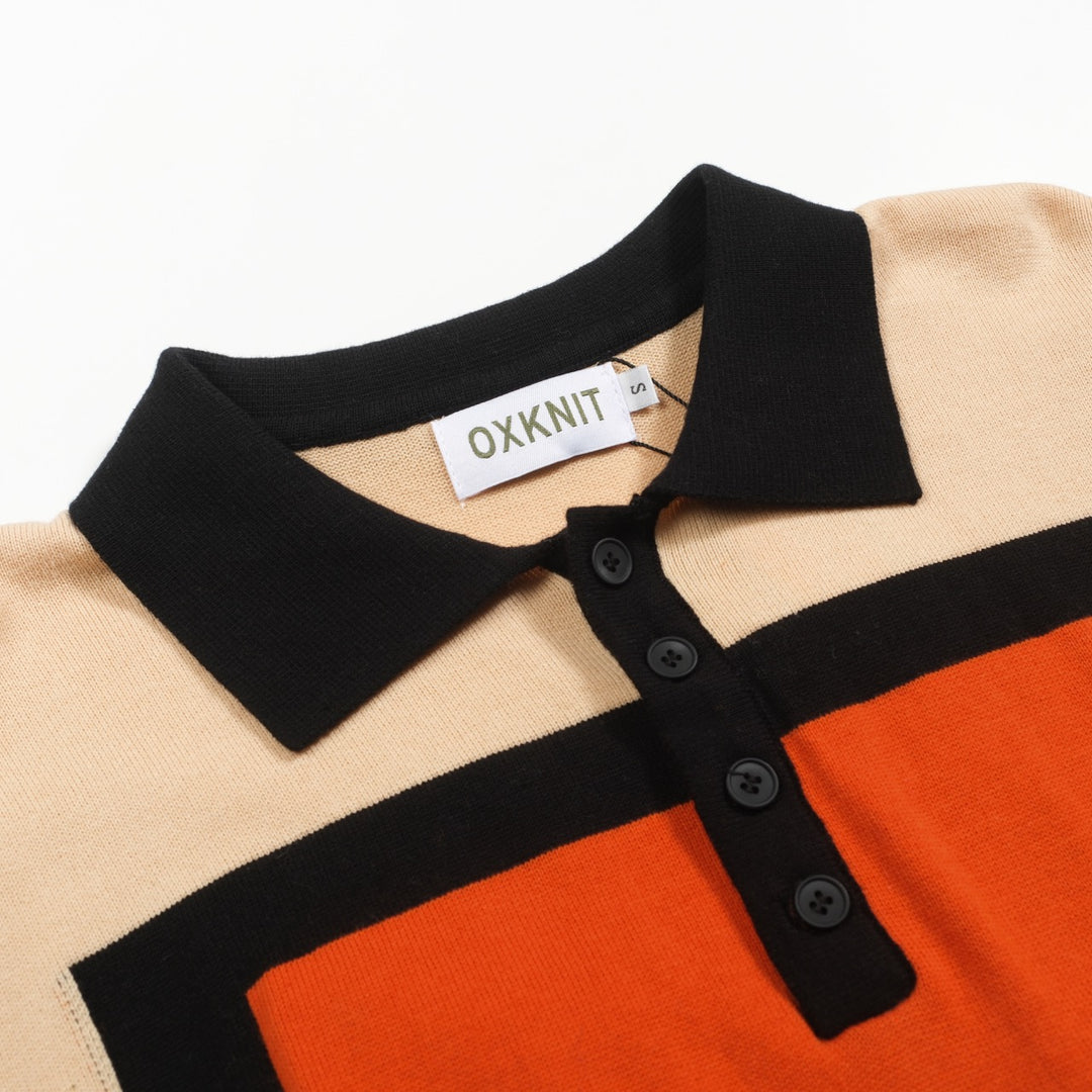 Men's apricot vintage square jacquard knit polo shirt