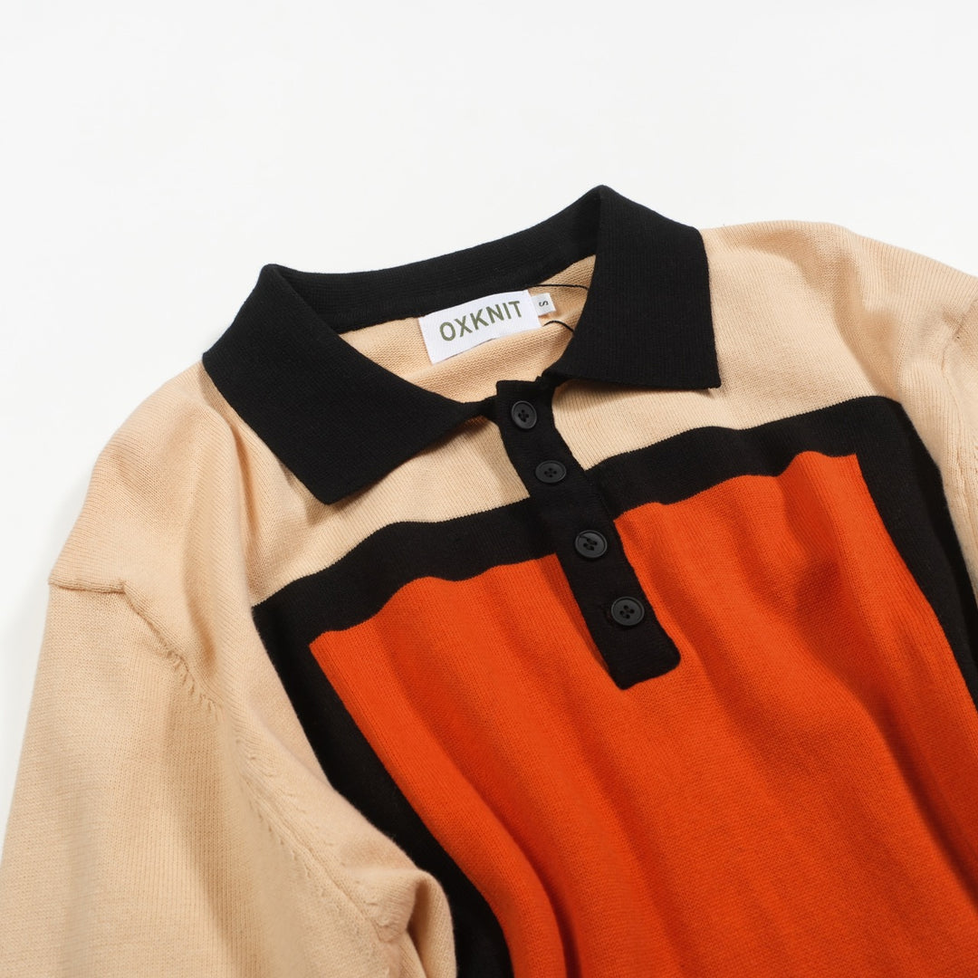 Men's apricot vintage square jacquard knit polo shirt