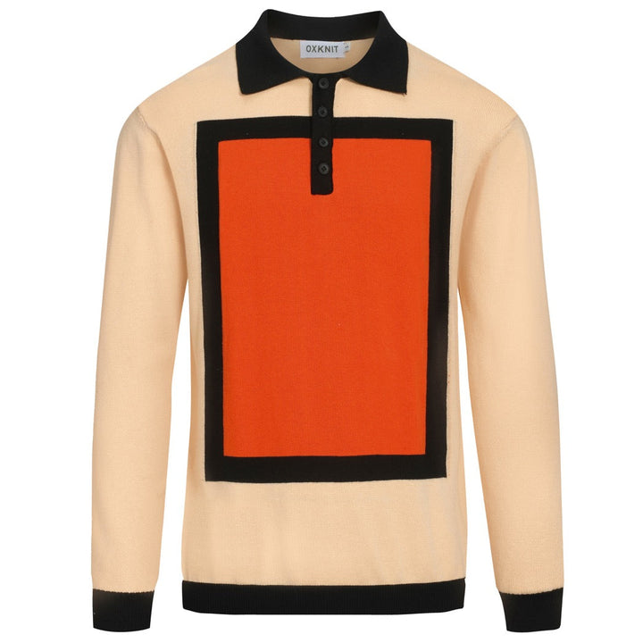 Men's apricot vintage square jacquard knit polo shirt