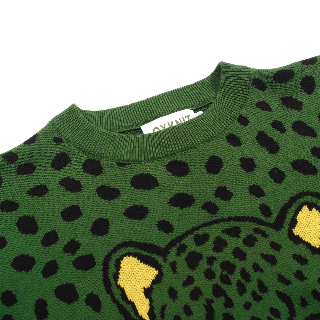 Men's green vintage leopard print jacquard knitwear
