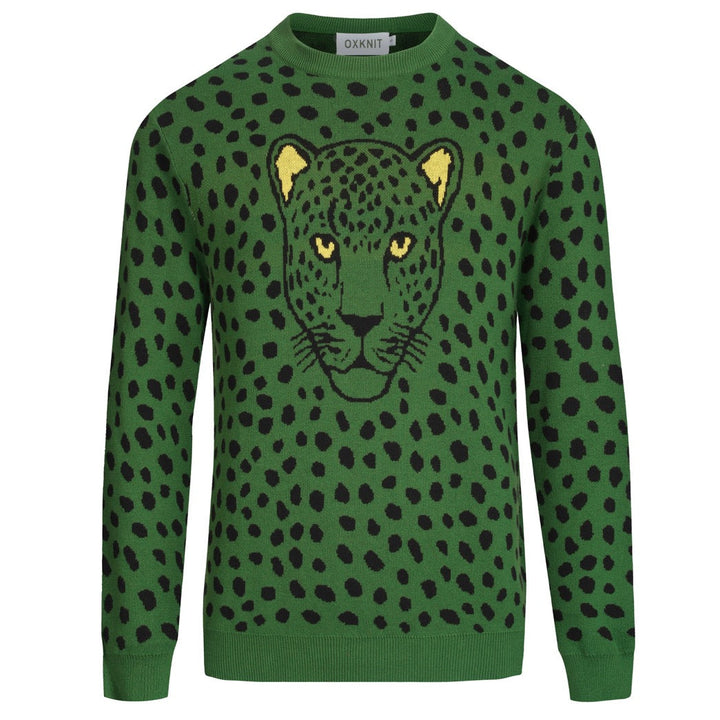 Men's green vintage leopard print jacquard knitwear
