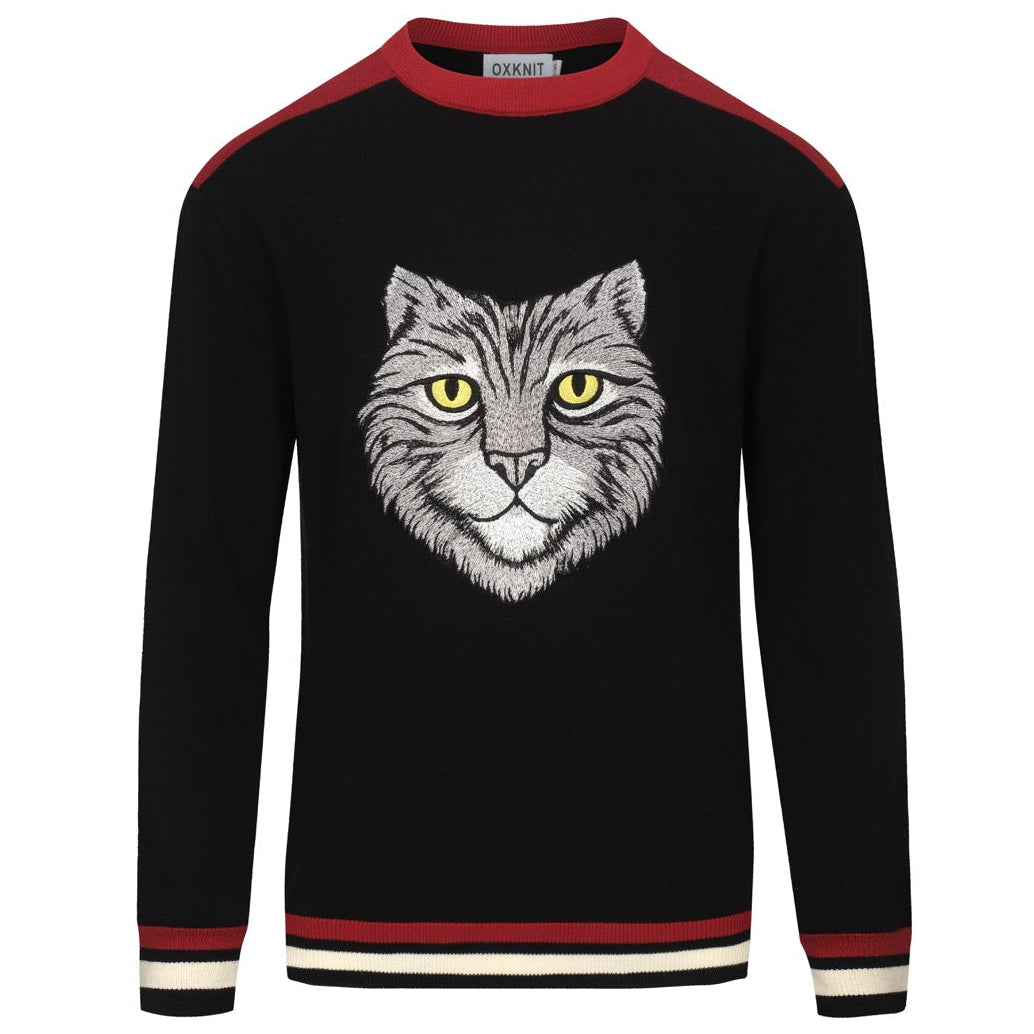 Men's black embroidered black cat head casual knitwear