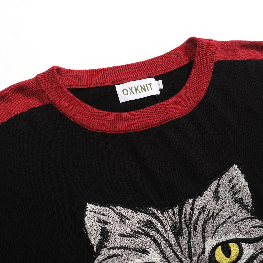 Men's black embroidered black cat head casual knitwear