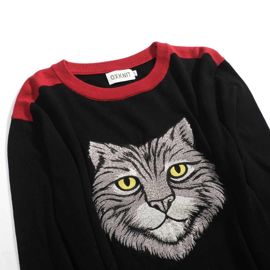 Men's black embroidered black cat head casual knitwear