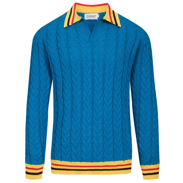 Jersey de punto azul con cuello de pico y estética retro para hombre