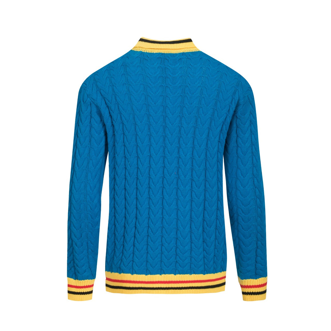 Jersey de punto azul con cuello de pico y estética retro para hombre