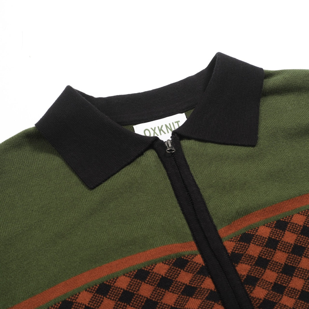 Men's green retro grid jacquard knitted cardigan