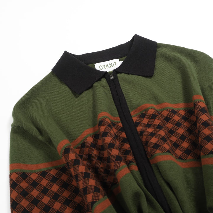 Men's green retro grid jacquard knitted cardigan
