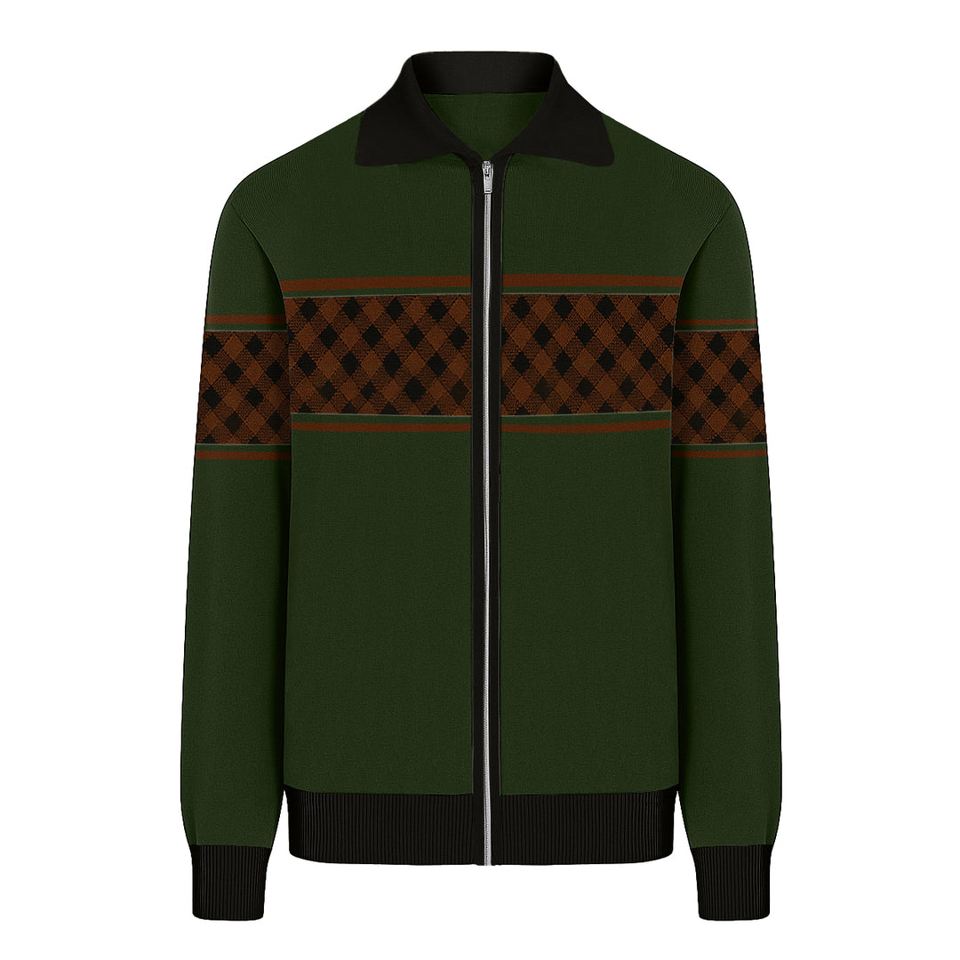 Grüner Herren-Cardigan aus Jacquard-Strickjacke mit Retro-Gittermuster