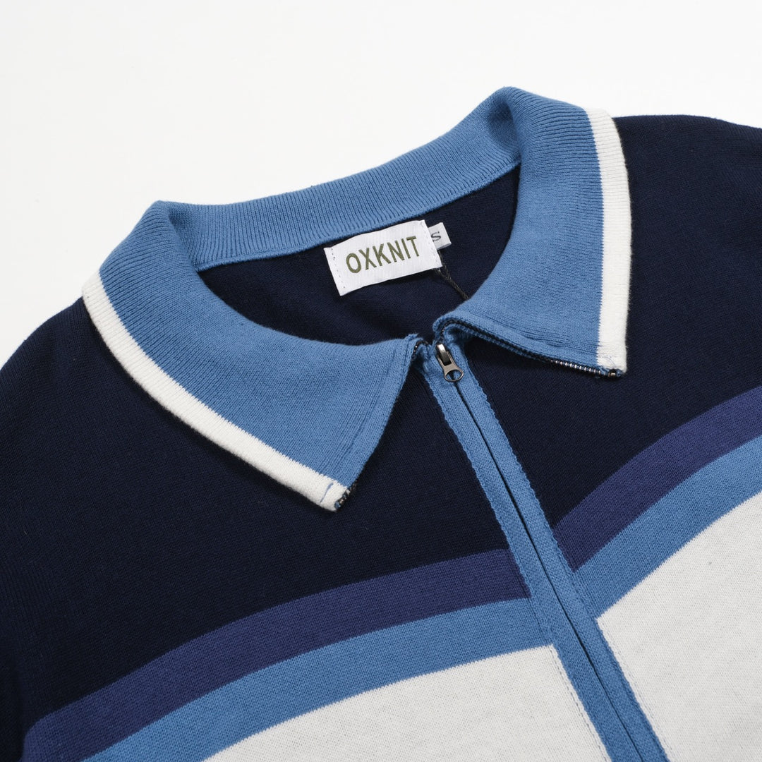 Men's blue art vintage jacquard striped knitted cardigan