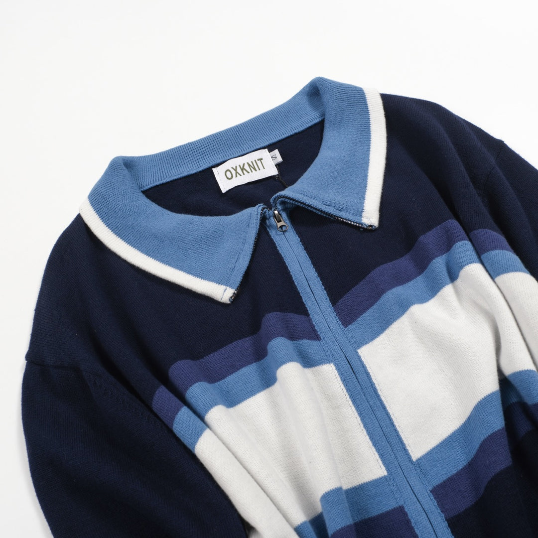 Men's blue art vintage jacquard striped knitted cardigan