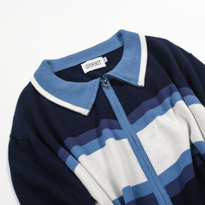 Men's blue art vintage jacquard striped knitted cardigan