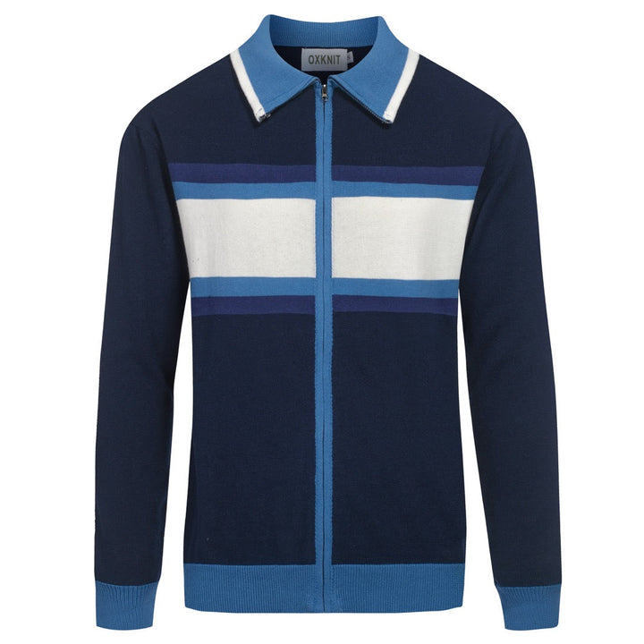 Men's blue art vintage jacquard striped knitted cardigan