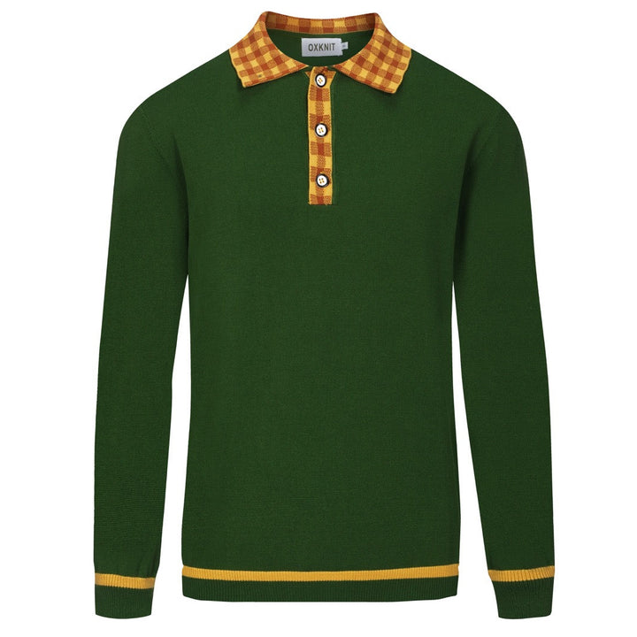Men's green vintage art jacquard knitted polo shirt