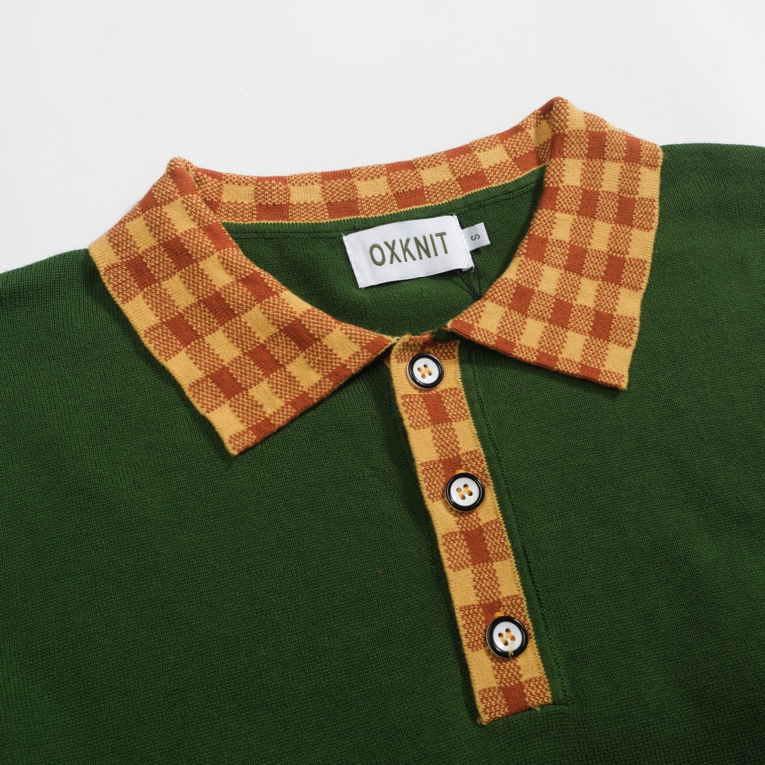 Men's green vintage art jacquard knitted polo shirt