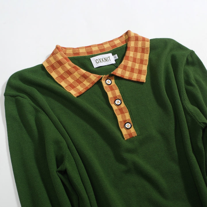 Men's green vintage art jacquard knitted polo shirt