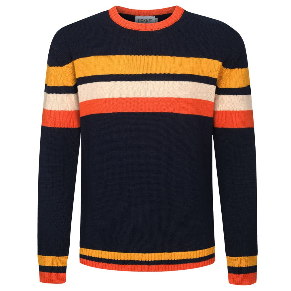 Mørkeblå retro kunststripete, fasjonable jacquardstrikkede rundhalsede strikkevarer for menn