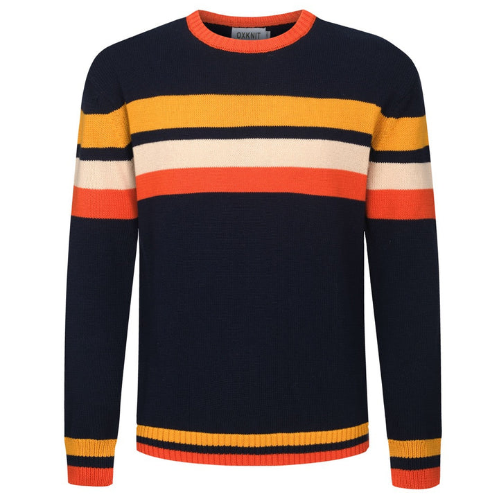 Mørkeblå retro kunststripete, fasjonable jacquardstrikkede rundhalsede strikkevarer for menn