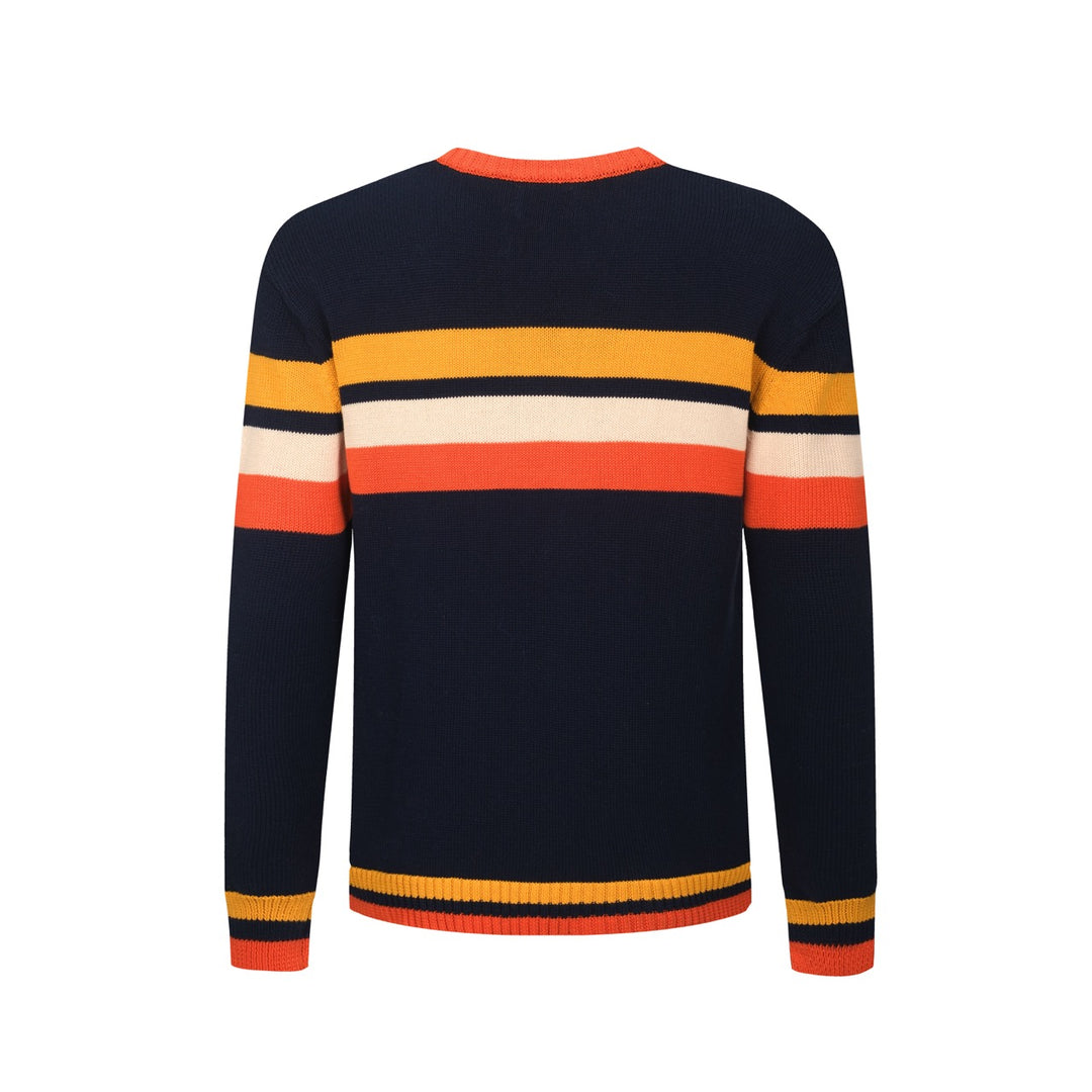 Mørkeblå retro kunststripete, fasjonable jacquardstrikkede rundhalsede strikkevarer for menn