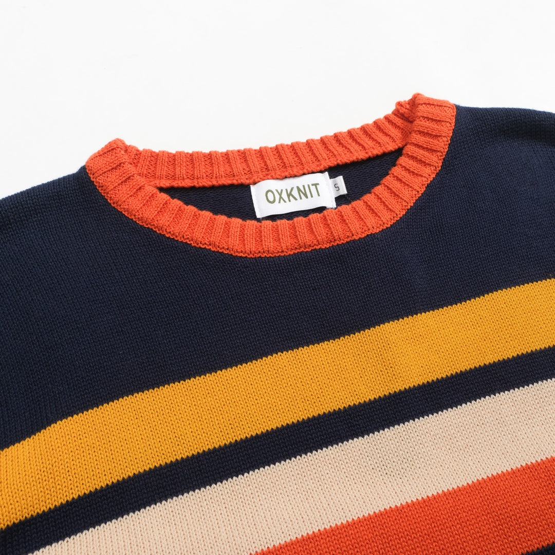 Mørkeblå retro kunststripete, fasjonable jacquardstrikkede rundhalsede strikkevarer for menn