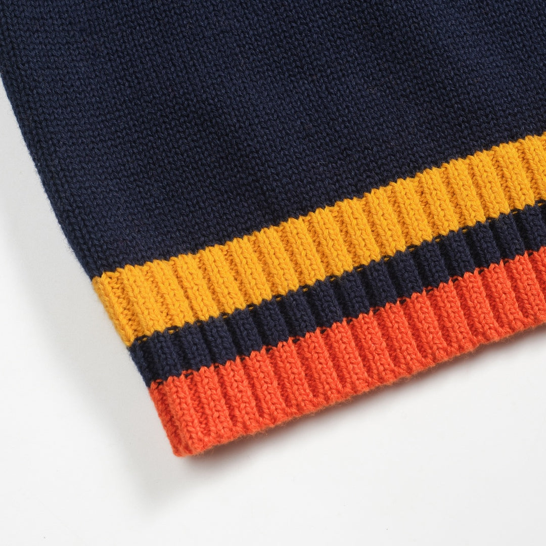 Mørkeblå retro kunststripete, fasjonable jacquardstrikkede rundhalsede strikkevarer for menn